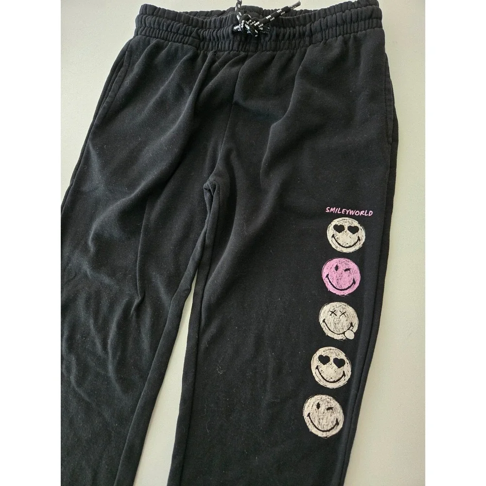 Smiley World Kids Sweatpants Black Size L 14/16 Joggers Pants‎ Happy Face